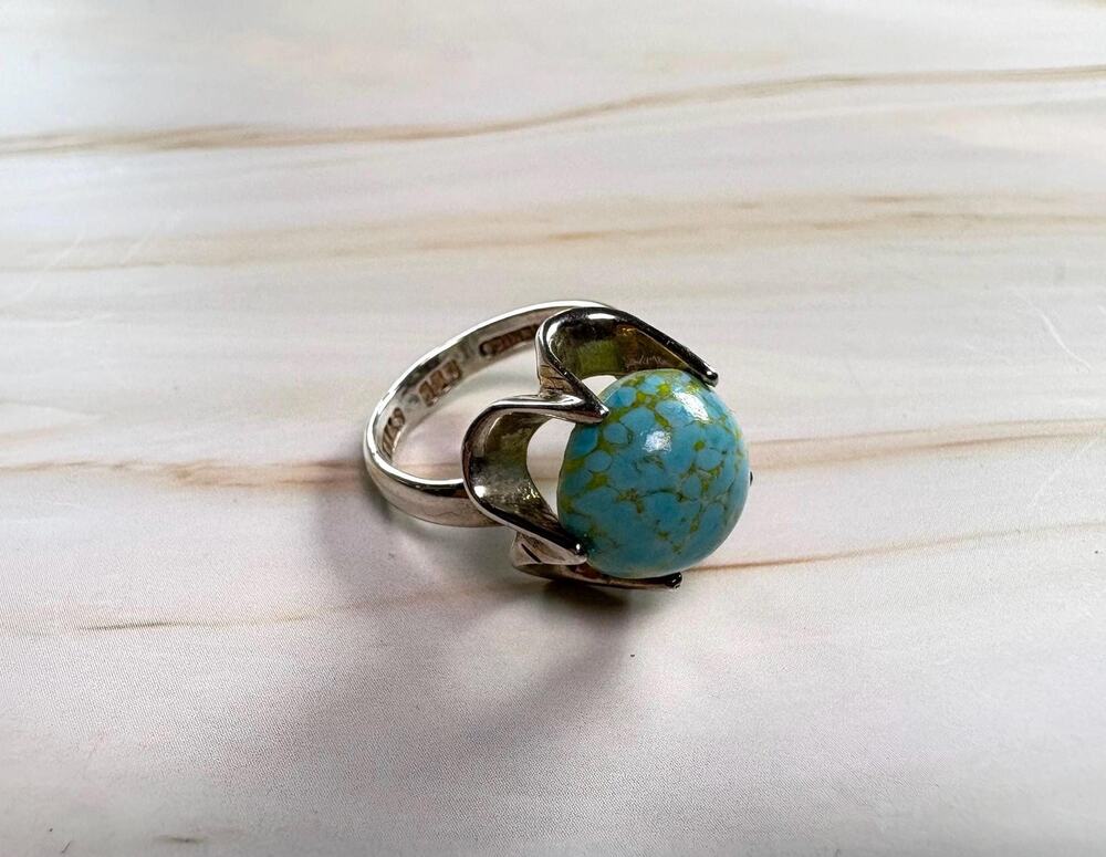Vintage Mexico 925 Sterling Silver Modernist Turquoise Dome Ring Size 7.25